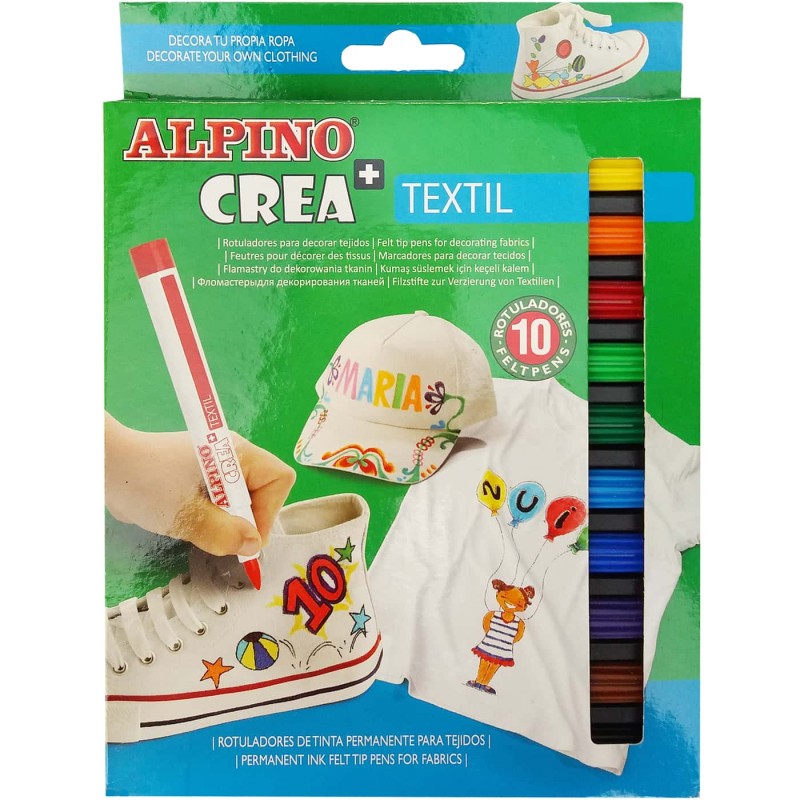 Rotuladores Textil Alpino Crea 10 colores, rotuladores de tinta permanente para tejidos.