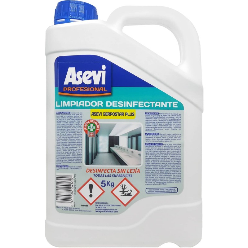 Limpiador Desinfectante sin lejía 5 Litros Asevi Gerpostar Plus, máxima limpieza bactericida y fungicida.