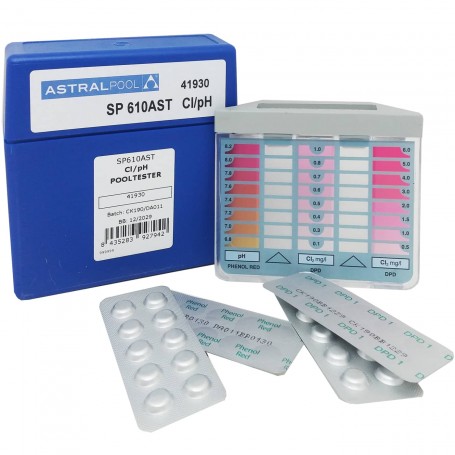 Test Reactivo DPD1 y Rojo Phenol Pooltester Astralpool piscinas: contiene 20 pastillas DPD1  y 20 pastillas Rojo Phenol.