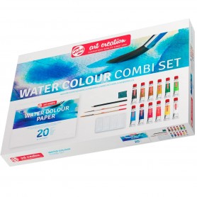 12 colores tubos 12 ml acuarela, Bloc papel A4 (20 hojas), 2 x pinceles, recipiente para mezclas, lápiz, goma moldeable. Regalo.