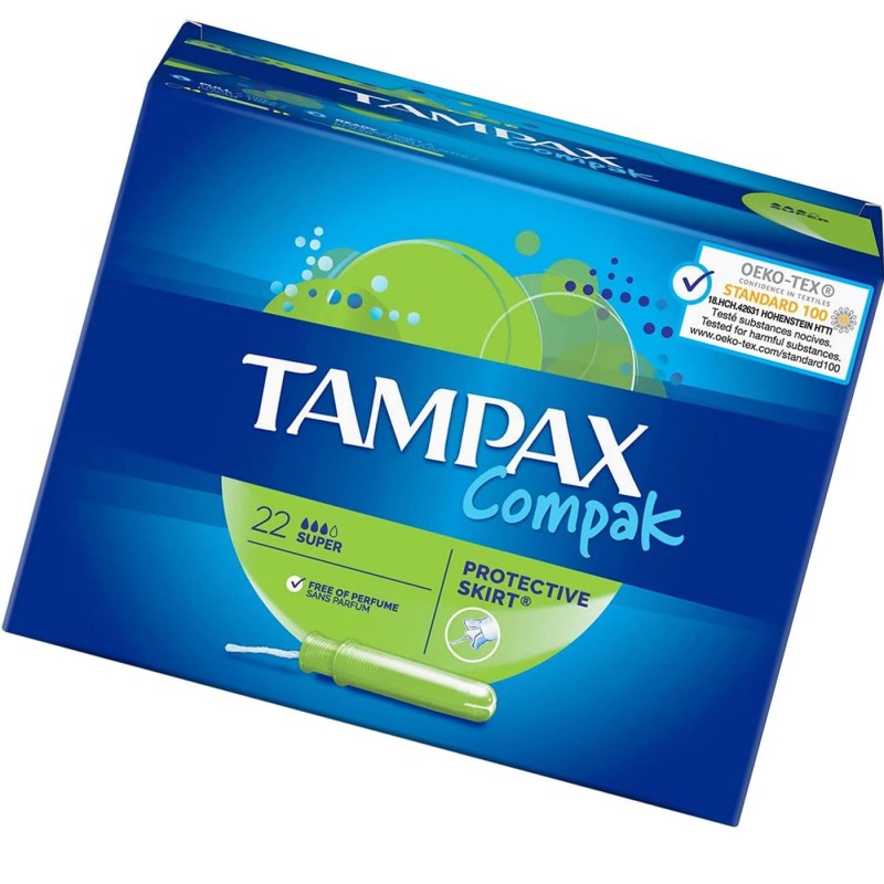Tampones Super Tampax Compak, 22 tampones por paquete.