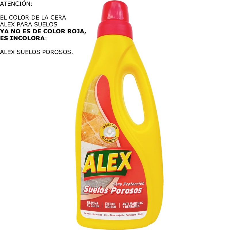Cera Alex Roja (tapón rojo, el líquido es INCOLORO, todo tipo de suelos) y Cera Alex Incolora Bote 750 ml.