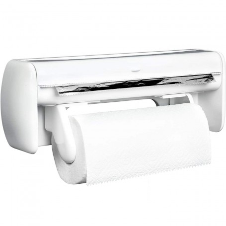 Portarrollos de papel de cocina con papel de aluminio o film transparente, corte limpio, compacto, color blanco, 39 x 10,5 x 15.