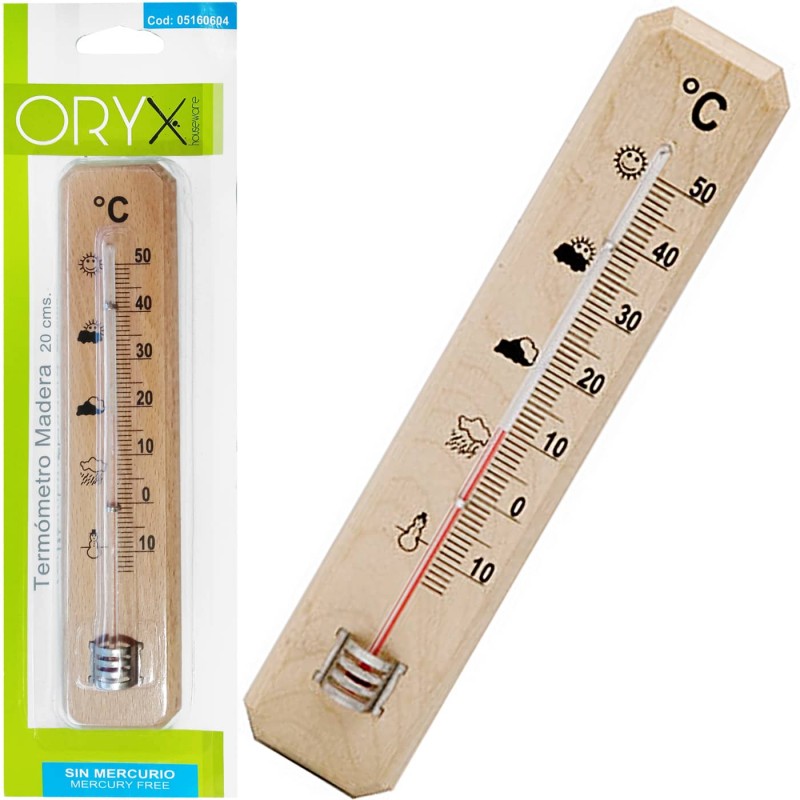 Termómetro de pared para exterior con base de madera, sin mercurio, termómetro analógico Oryx.