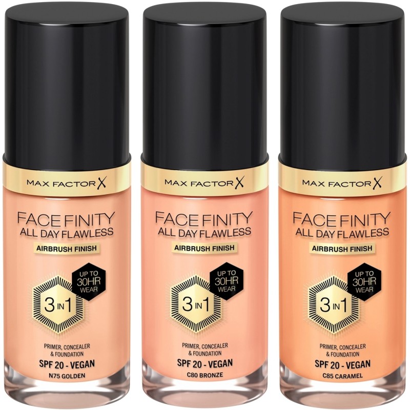 Base de maquillaje Facefinity 3 en 1 Max Factor: C80 BRONZE, C85 CARAMEL y N75 GOLDEN.