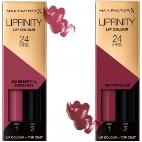 Lipfinity Lip Colour de Max Factor, labial de larga duración, colores: 330 ESSENTIAL BURGUNDY y 108 FRIVOLOUS.
