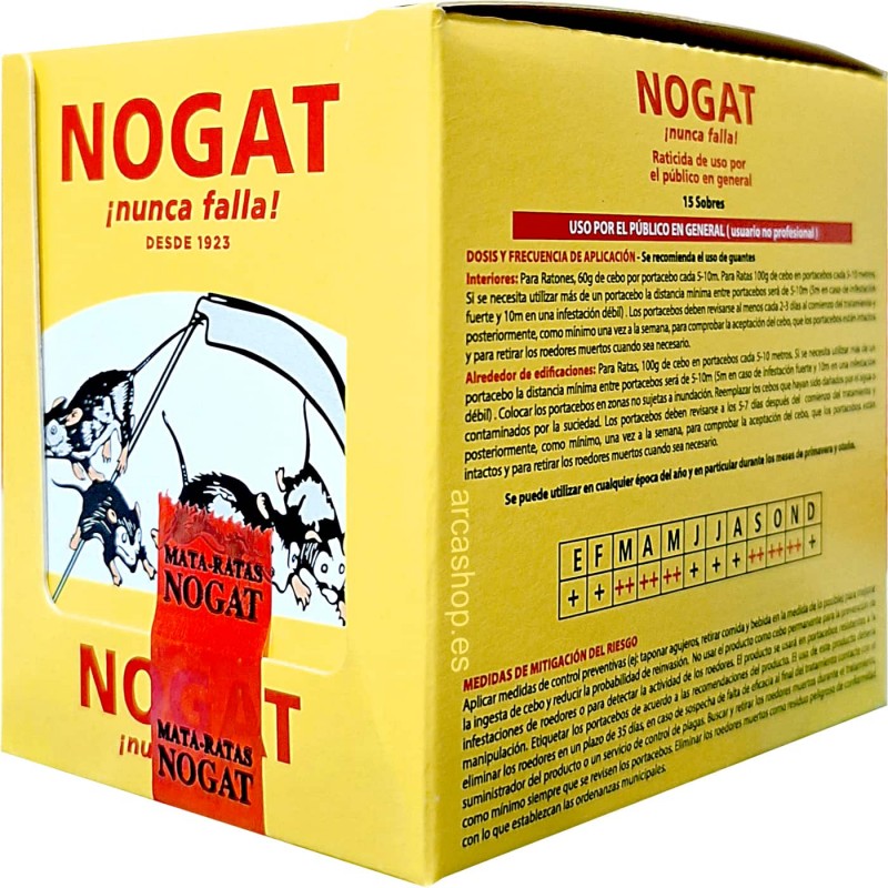 NOGAT veneno raticida ratas y ratones. caja completa contiene en 15 sobres de 10 gramos, total 150 gramos.