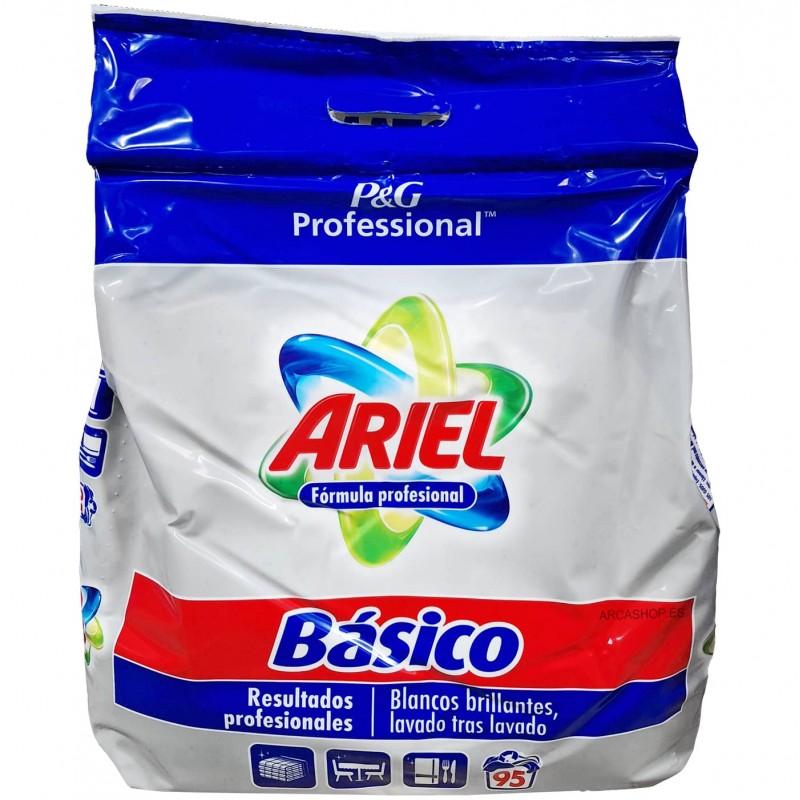 Ariel Básico Detergente en Polvo en Saco 95 lavados, para lavar ropa y tejidos en hoteles, lavanderías, restaurantes, etc.