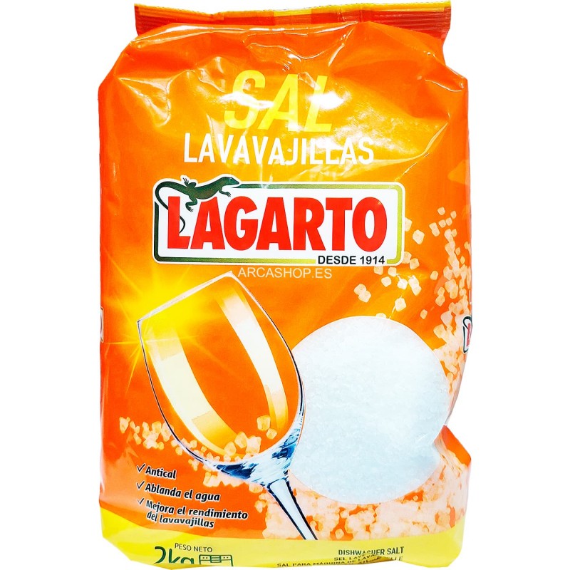 Sal para Lavavajillas, 2 Kg, marca Largarto, paquete naranja.