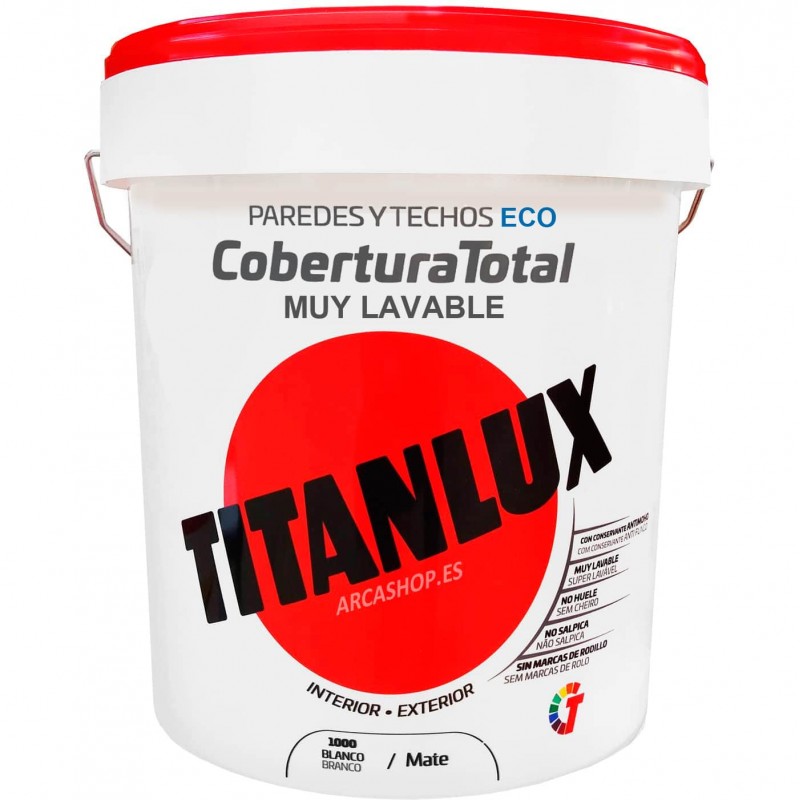 Titanlux Cobertura Total, color blanco mate, 4 litros, 15 litros, muy lavable, pintura plástica vinílica de alta calidad.