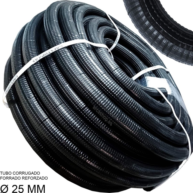 Tubo Corrugado Ø25 MM, flexible, forrado, reforzado y de doble capa para canalización de cables en instalación eléctrica.