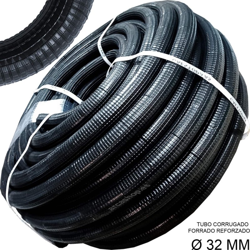 Tubo Corrugado Ø32 MM, flexible, negro, forrado doble capa para canalización de cables en instalación eléctrica.