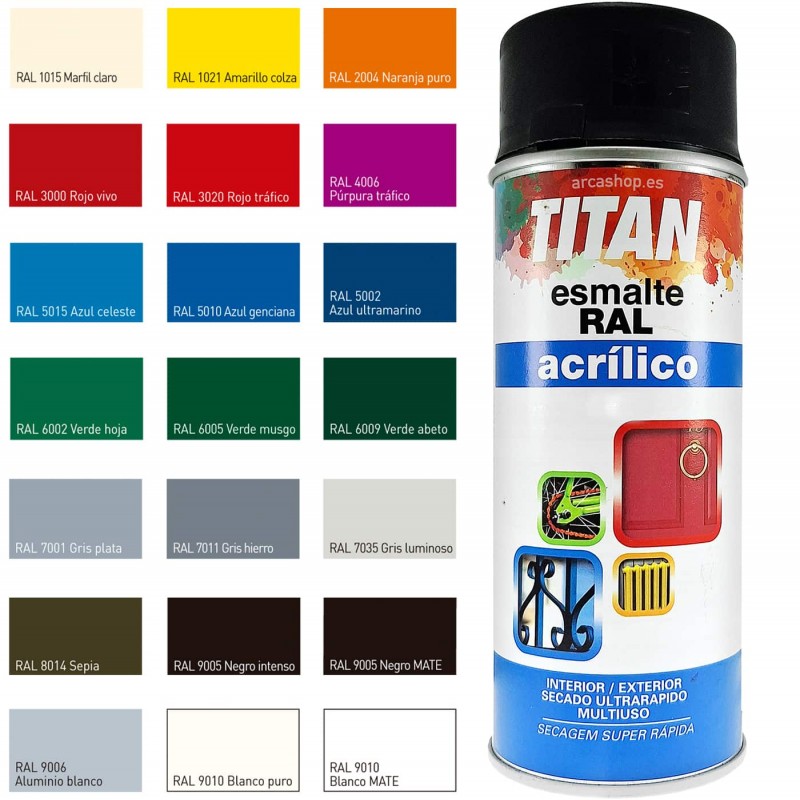 Esmalte Acrílico RAL Brillante Titanlux (titan) carta de colores, spray 400 ml.