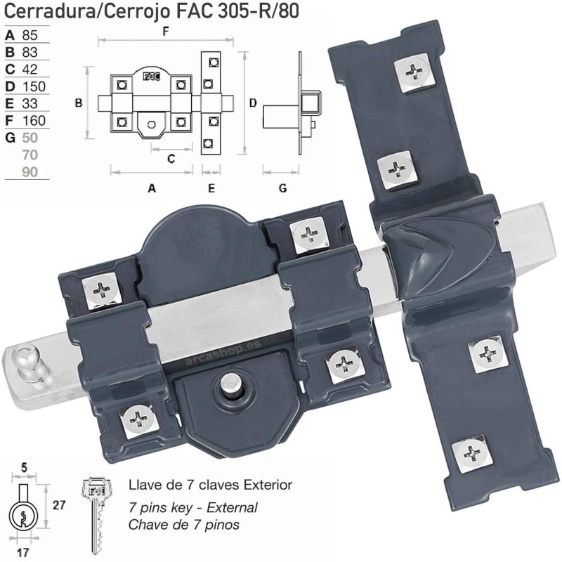 Cerradura/Cerrojo FAC 305-R/80, mano derecha o mano izquierda, cotas. FAC 305-R/80 Pintado.