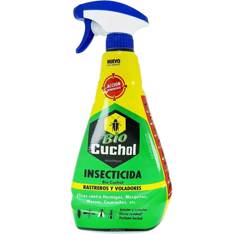 Bio Cuchol elimina chinches, cucarachas, garrapatas, hormigas, moscas, mosquitos, pez plata o pulgas entre otros insectos.