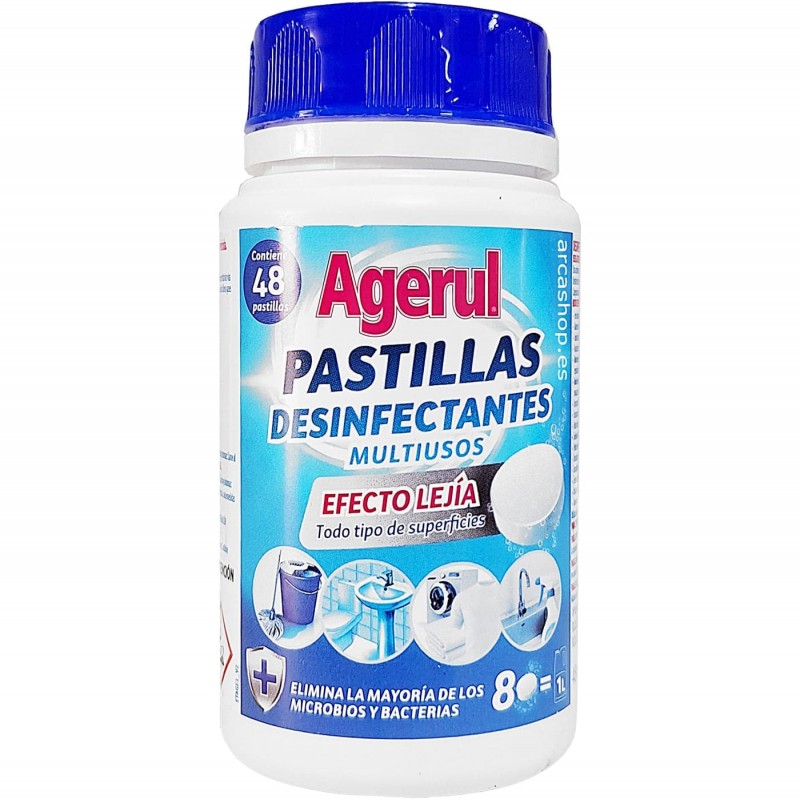 Variantes Lejía en Pastillas Desinfectantes Multiusos Agerul, 48 pastillas: 160 grs - © Arcashop.es Lejía en pastillas: Bote de 160 grs de Pastillas Desinfectantes efervescentes Agerul,