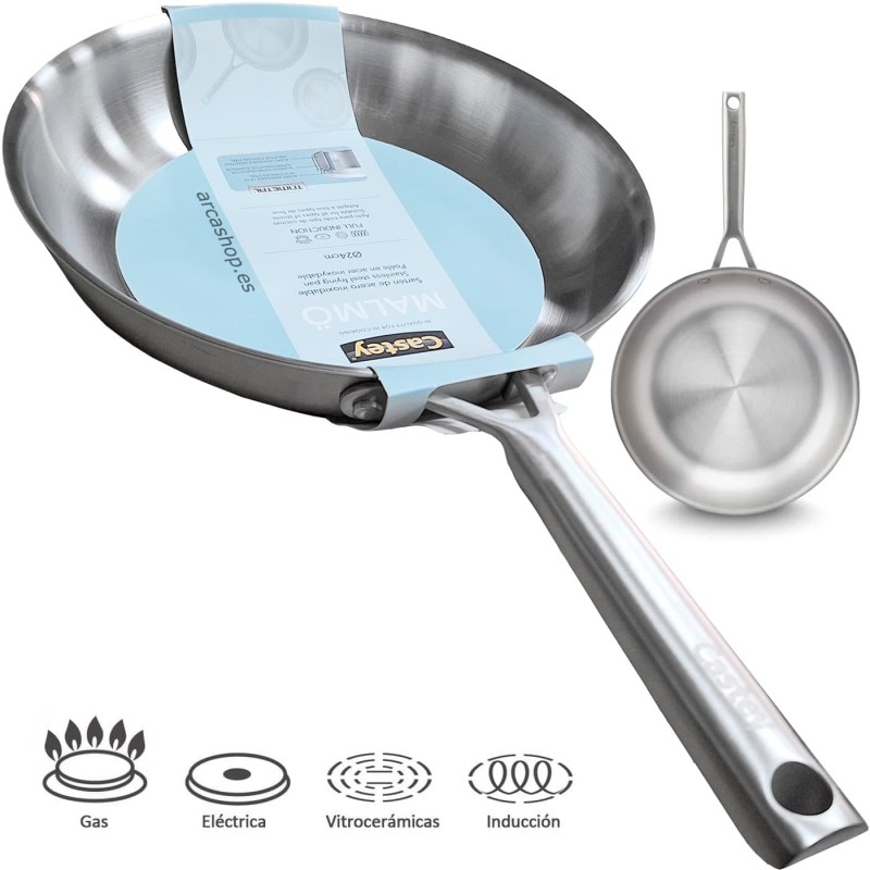 Sartén de Acero Inoxidable Castey, diámetro 24 cm, también disponible ø26 cm. Modelo Malmö Trimetal Induction.