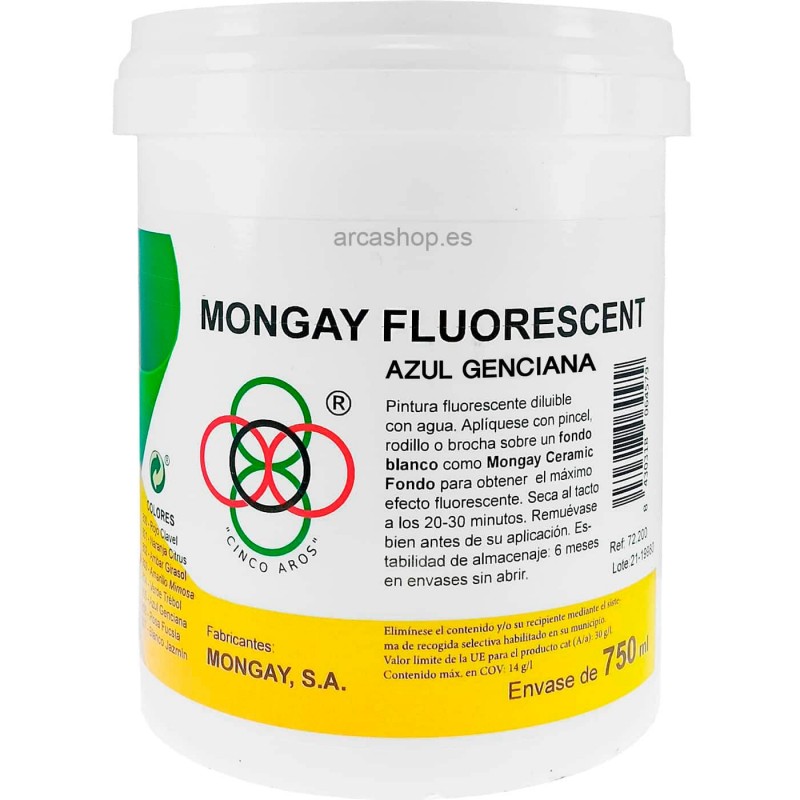  Pintura fotoluminiscente (pintura fluorescente) al agua Mongay — Capacidad del envase: 750 ml – Color : 805 Azul Genciana . Foto Material de Bellas Artes © Arcashop.es. 