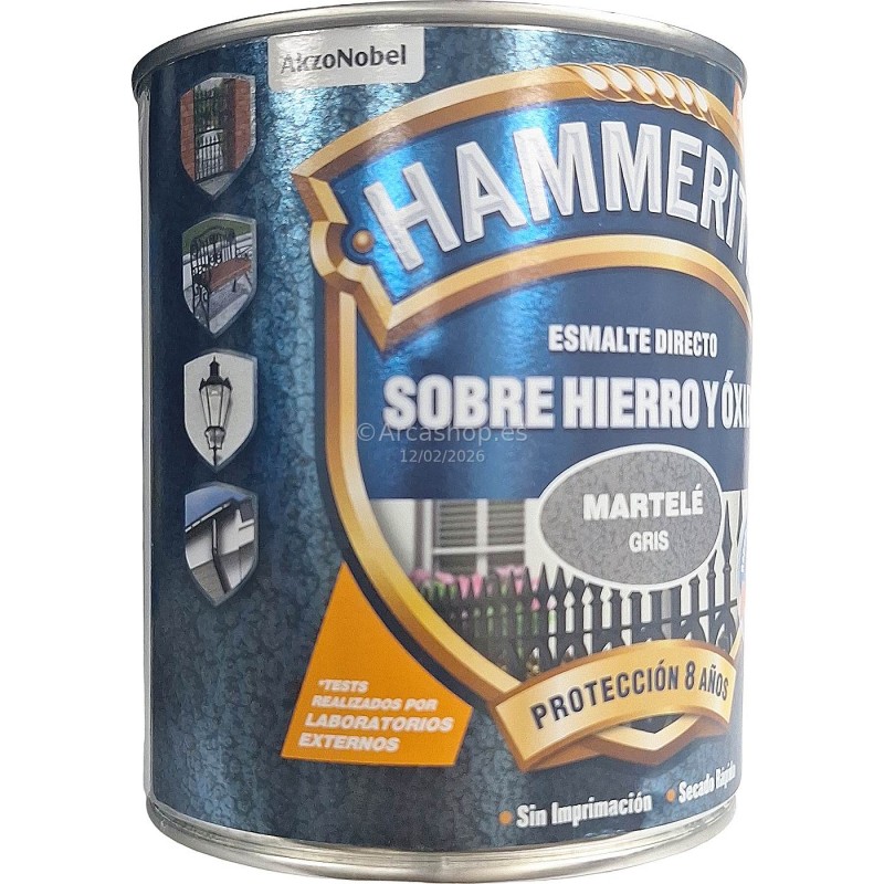 esmalte sintético anticorrosivo para exterior y metal con acabado martelé de color gris.