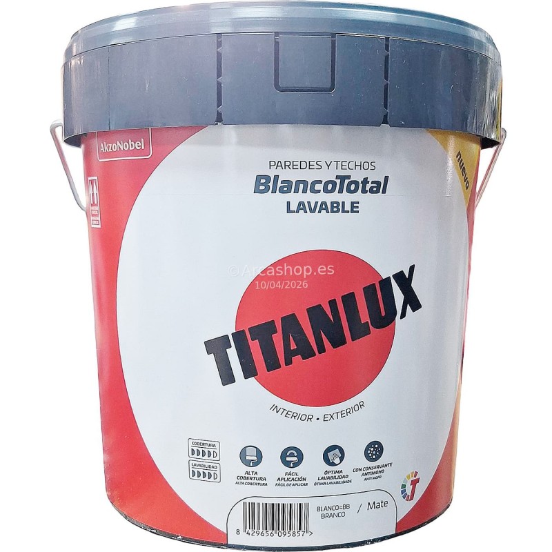  Titanlux Blanco Total: Pintura Blanca Mate para interior y exterior. — Capacidad del envase: 15 Litros – Color : Blanco . Foto Pintura Plástica Revestimientos © Arcashop.es. 