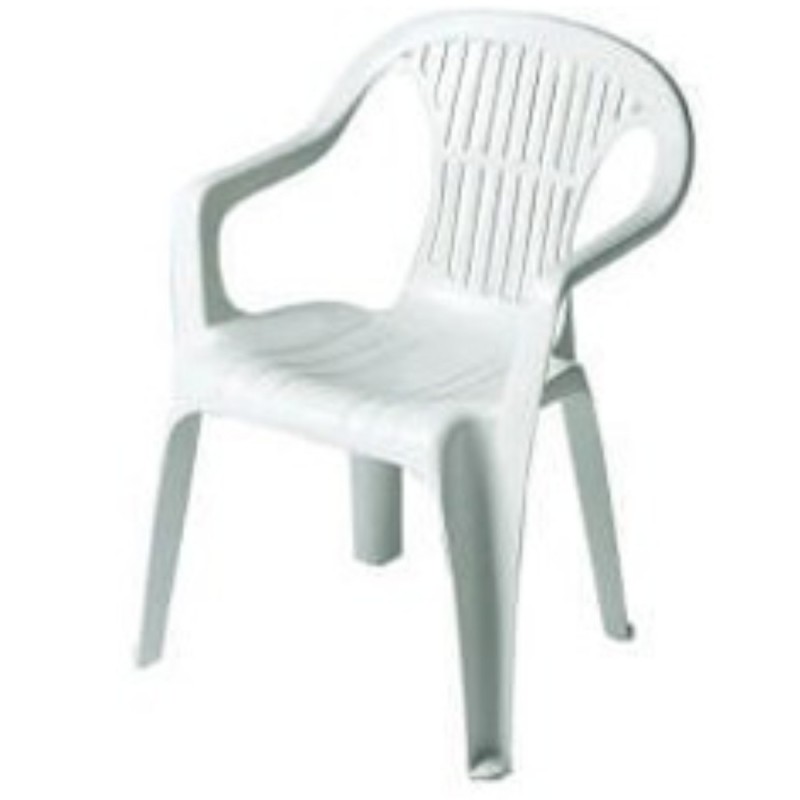  Silla y mesa monobloc apilable para patio y jardín — Modelos: Silla blanca v1 . Foto Barbacoas y Mobiliario © Arcashop.es. 