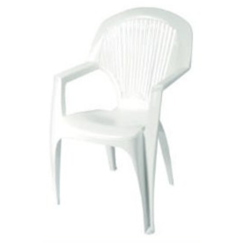  Silla y mesa monobloc apilable para patio y jardín — Modelos: Silla blanca v2 . Foto Barbacoas y Mobiliario © Arcashop.es. 