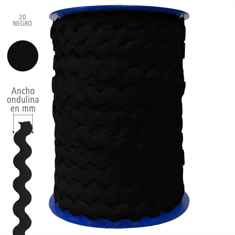  Ondulina Piquillo 19 mm Decoración textil — Ancho: 20 mm - 40 mts. – Ondulina Piquillo: Negro nº20 . Foto Mercería © Arcashop.es. 