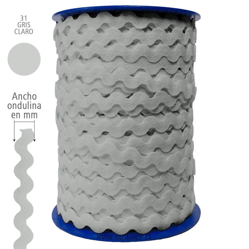  Ondulina Piquillo 19 mm Decoración textil — Ancho: 20 mm - 40 mts. – Ondulina Piquillo: Gris Claro nº31 . Foto Mercería © Arcashop.es. 