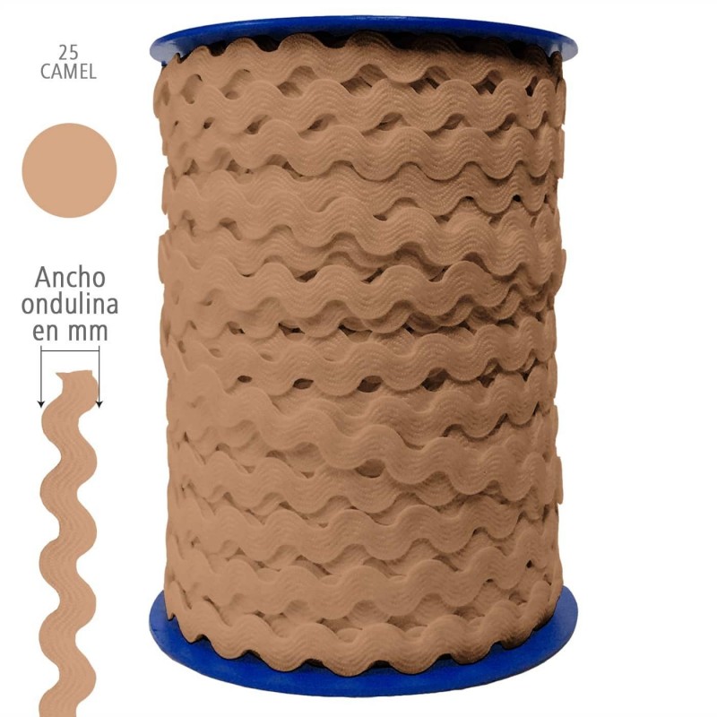  Ondulina Piquillo 19 mm Decoración textil — Ancho: 20 mm - 40 mts. – Ondulina Piquillo: Camel nº25 . Foto Mercería © Arcashop.es. 