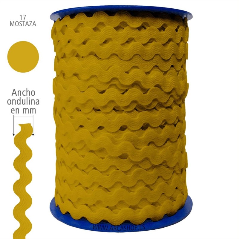  Ondulina Piquillo 19 mm Decoración textil — Ancho: 20 mm - 40 mts. – Ondulina Piquillo: Mostaza nº17 . Foto Mercería © Arcashop.es. 