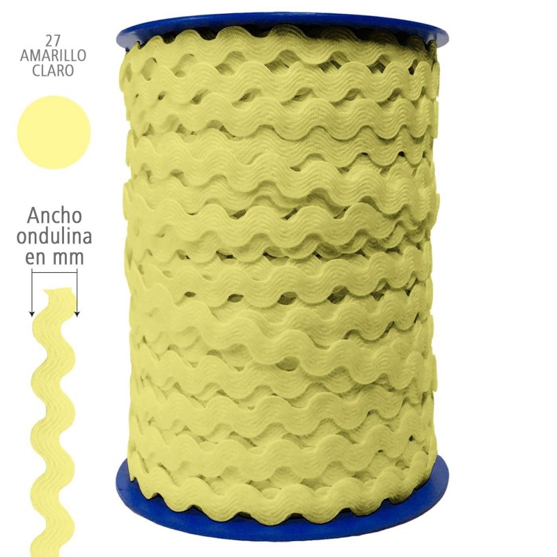  Ondulina Piquillo 19 mm Decoración textil — Ancho: 20 mm - 40 mts. – Ondulina Piquillo: Amarillo Claro nº27 . Foto Mercería © Arcashop.es. 