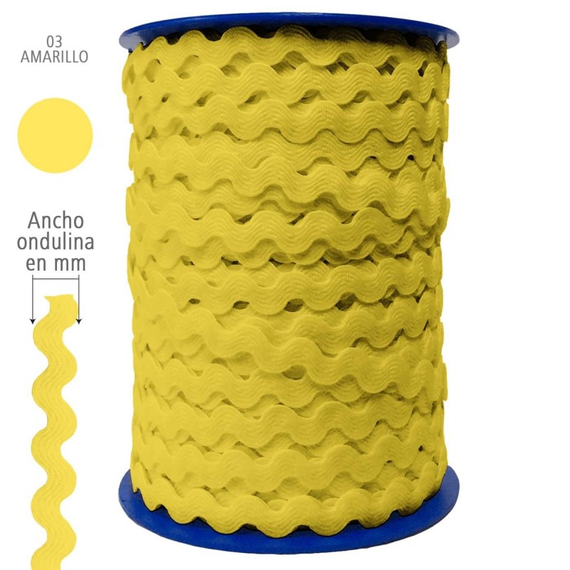  Ondulina Piquillo 19 mm Decoración textil — Ancho: 20 mm - 40 mts. – Ondulina Piquillo: Amarillo Medio nº03 . Foto Mercería © Arcashop.es. 