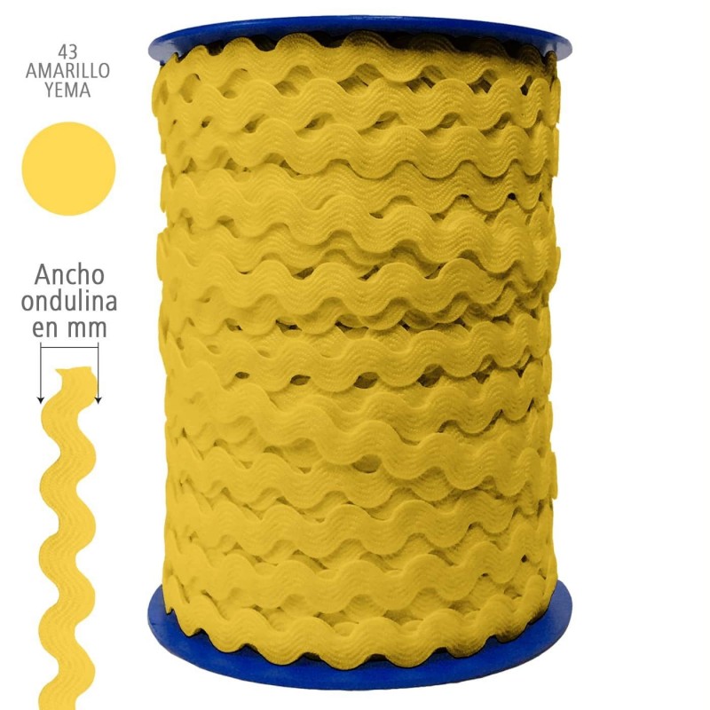  Ondulina Piquillo 19 mm Decoración textil — Ancho: 20 mm - 40 mts. – Ondulina Piquillo: Amarillo Yema nº43 . Foto Mercería © Arcashop.es. 