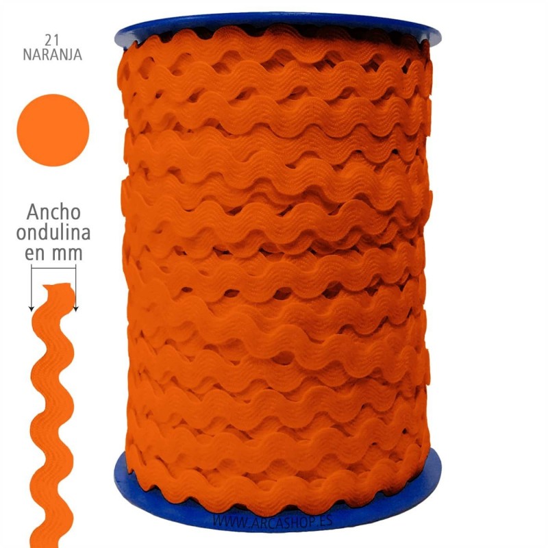  Ondulina Piquillo 19 mm Decoración textil — Ancho: 20 mm - 40 mts. – Ondulina Piquillo: Naranja nº21 . Foto Mercería © Arcashop.es. 