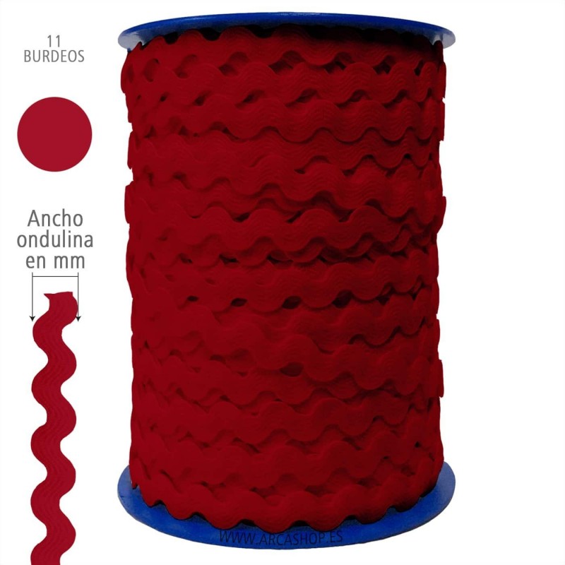  Ondulina Piquillo 19 mm Decoración textil — Ancho: 20 mm - 40 mts. – Ondulina Piquillo: Burdeos nº11 . Foto Mercería © Arcashop.es. 