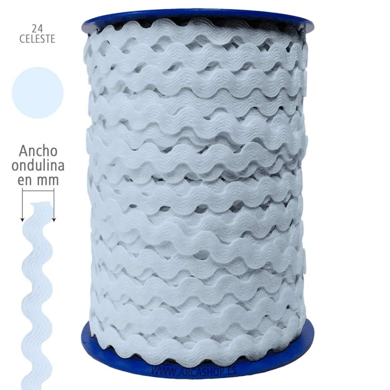  Ondulina Piquillo 19 mm Decoración textil — Ancho: 20 mm - 40 mts. – Ondulina Piquillo: Celeste nº24 . Foto Mercería © Arcashop.es. 