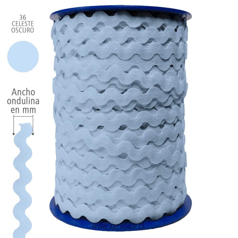  Ondulina Piquillo 19 mm Decoración textil — Ancho: 20 mm - 40 mts. – Ondulina Piquillo: Celeste Oscuro nº36 . Foto Mercería © Arcashop.es. 