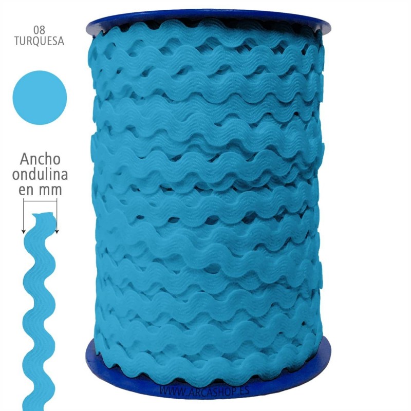  Ondulina Piquillo 19 mm Decoración textil — Ancho: 20 mm - 40 mts. – Ondulina Piquillo: Turquesa nº08 . Foto Mercería © Arcashop.es. 