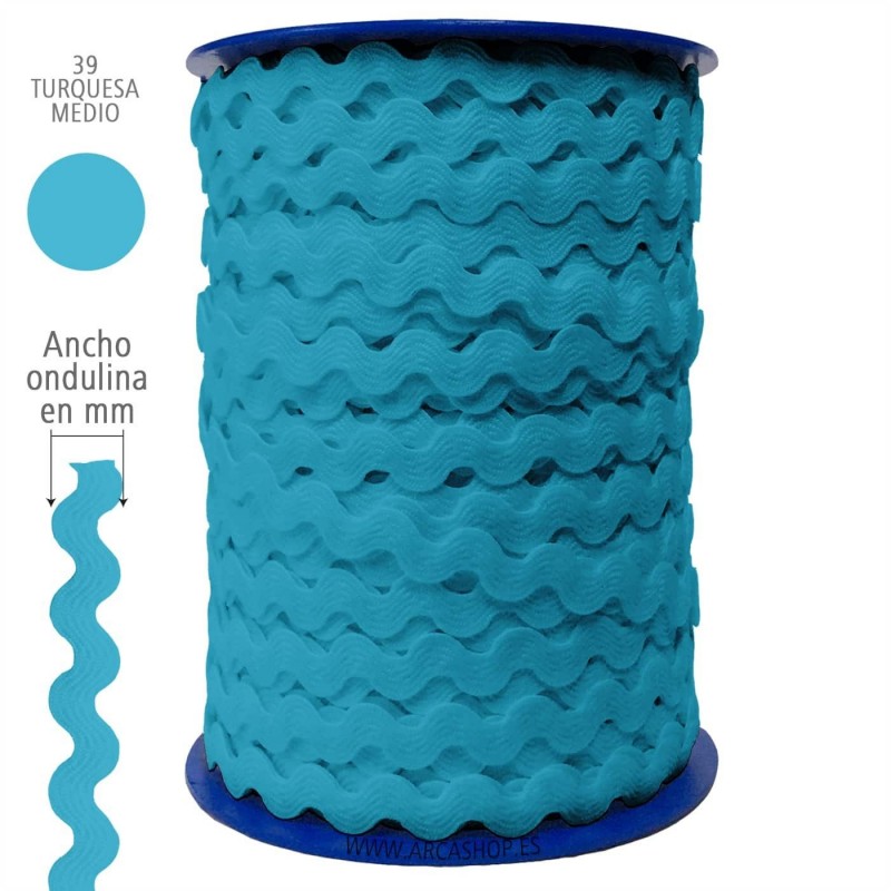  Ondulina Piquillo 19 mm Decoración textil — Ancho: 20 mm - 40 mts. – Ondulina Piquillo: Tuquesa Medio nº39 . Foto Mercería © Arcashop.es. 