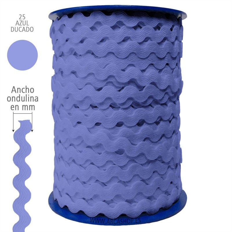  Ondulina Piquillo 19 mm Decoración textil — Ancho: 20 mm - 40 mts. – Ondulina Piquillo: Azul Ducado nº25 . Foto Mercería © Arcashop.es. 