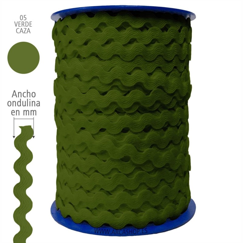  Ondulina Piquillo 19 mm Decoración textil — Ancho: 20 mm - 40 mts. – Ondulina Piquillo: Verde Caza nº05 . Foto Mercería © Arcashop.es. 