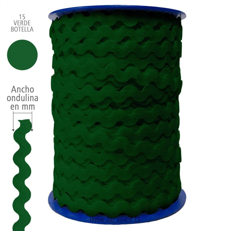 Ondulina Piquillo 8 mm Complementos Infantiles. — Ancho: 8 mm - 70 mts. – Ondulina Piquillo: Verde Botella nº15 . Foto Mercería © Arcashop.es. 