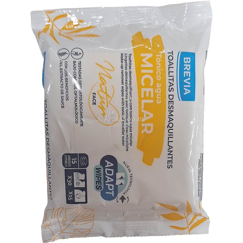 TOALLITAS DESMAQUILLADORAS AGUA MICELAR 15 UNDS. BREVIA