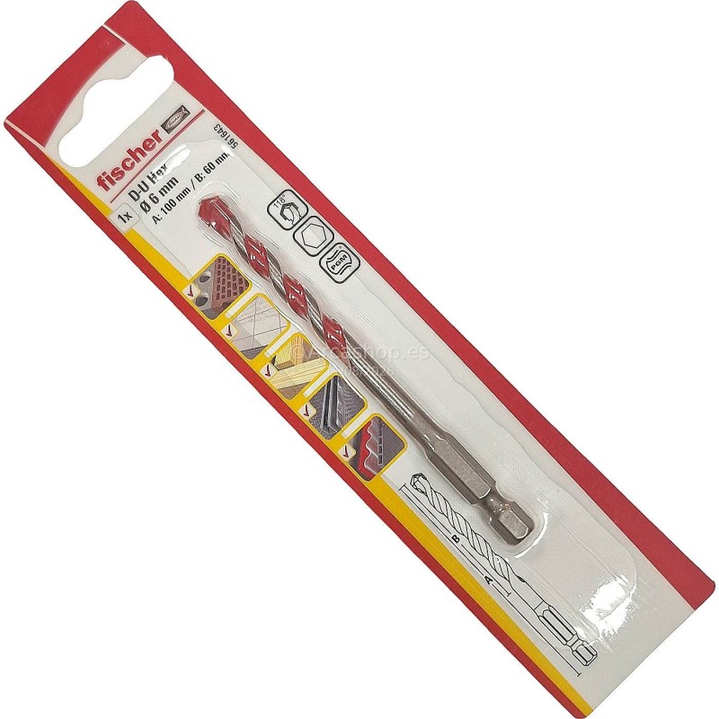  BROCA MULTIMATERIAL D-U HEX FISCHER — Broca FischerDU: 06X100 . Foto Accesorios Herramientas Eléctricas © Arcashop.es. 