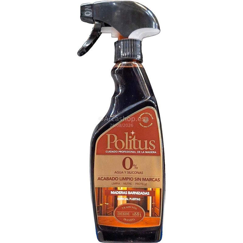  POLITUS Spray Superfices Barnizadas y Puertas Barnizadas Limpia y Abrillanta — Capacidad del envase: 375 ml - Spray – Modelo: Politus INDOOR . Foto Limpieza y Hogar © Arcashop.es. 