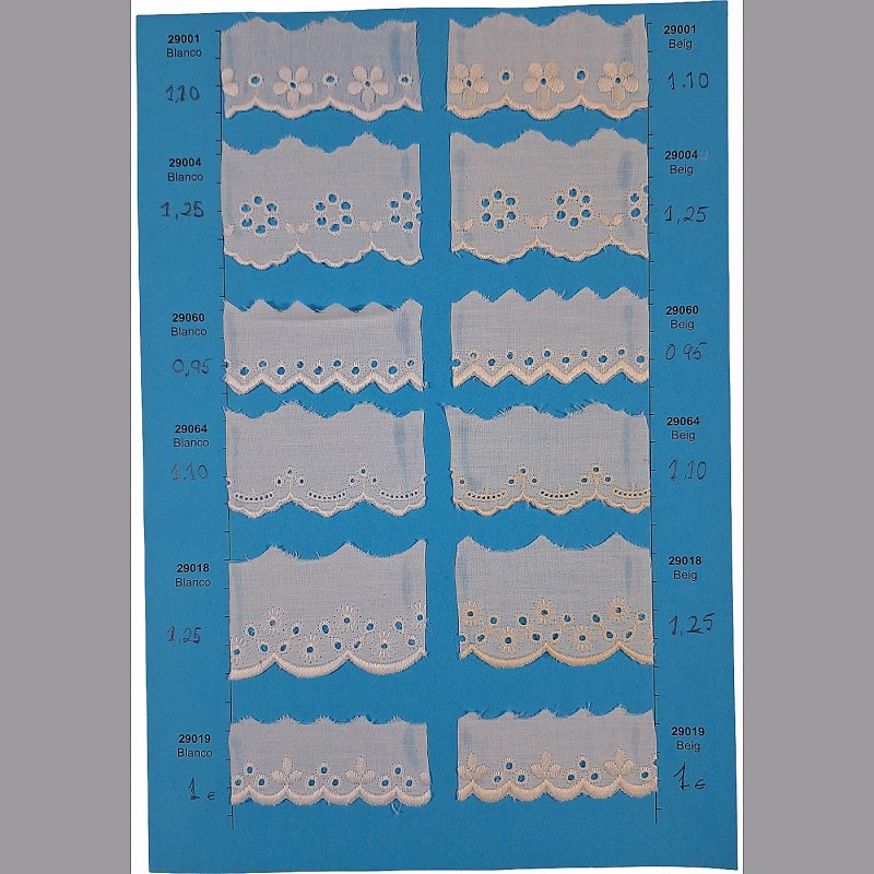 Tira Bordada · 29001, 29004, 29060, 29064 y más · Blanco y Beige · 13.5 m (pieza completa)