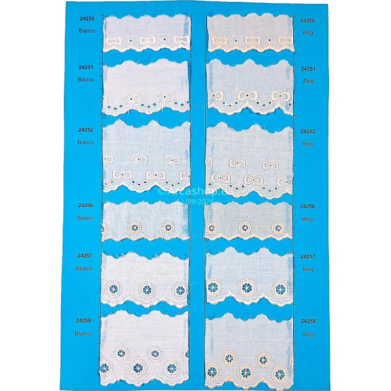 Tira Bordada A98 · 24250, 24251, 24252, 24256 y más · Blanco y Beige · 13.5 m (pieza completa)