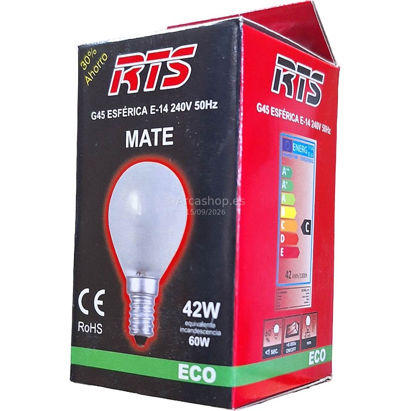 BOMBILLA ESFERICA HOLOGENA AHORRO MATE 42W 230V E14 RTS