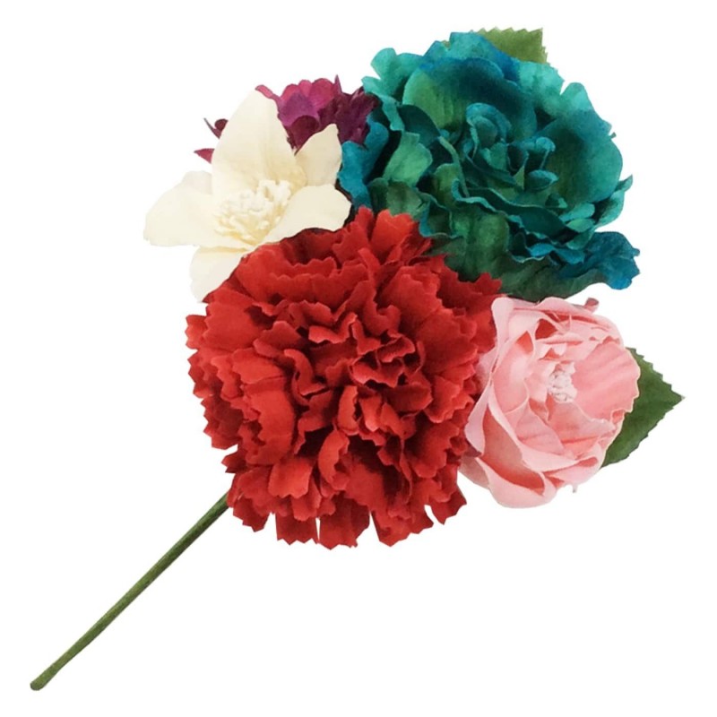 Ramillete varias flores flamenca en rojo, rosa claro, azul agua verde,  marfil y buganvilla.