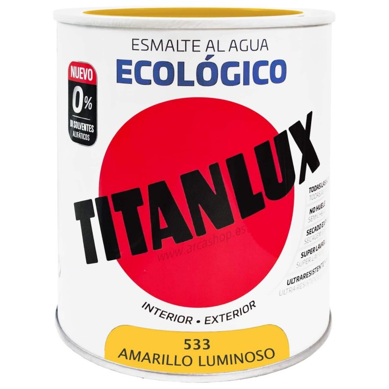  Esmalte Ecológico Titanlux al Agua - Colores 750 ml - Brillante — Acabado: Brillante – Capacidad del envase: 750 ml – Colores Titanlux Ecológico: Amarillo luminoso 0533 . Foto Esmalte Sintético o Acrílico © Arcashop.es. 
